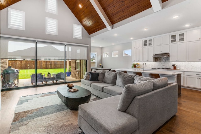 175 Stirling Dr, Argyle, TX 76226 - living area featuring wood ceiling, wood finished floors, high vaulted ceiling, and recessed lighting