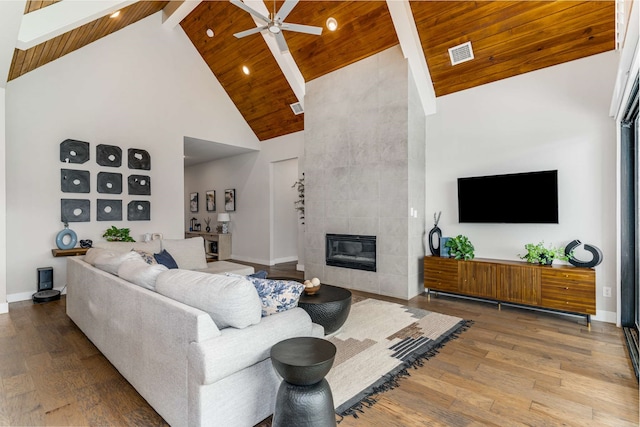 175 Stirling Dr, Argyle, TX 76226 - living area featuring high vaulted ceiling, wood-type flooring, a tile fireplace, ceiling fan, and wooden ceiling
