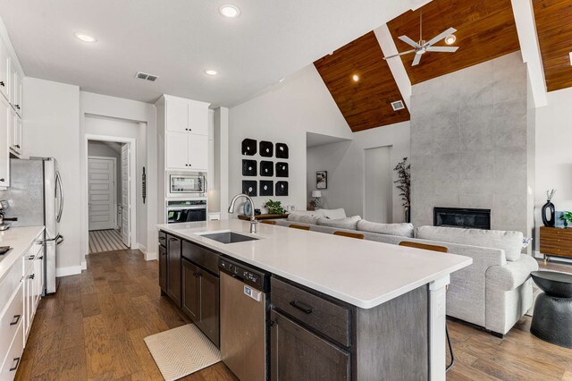 175 Stirling Dr, Argyle, TX 76226 - kitchen with appliances with stainless steel finishes, a sink, open floor plan, ceiling fan, and white cabinetry
