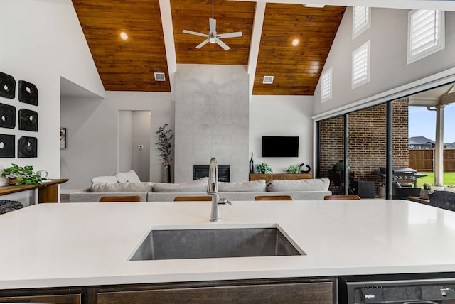 175 Stirling Dr, Argyle, TX 76226 - kitchen featuring open floor plan, wooden ceiling, high vaulted ceiling, a sink, and dishwasher