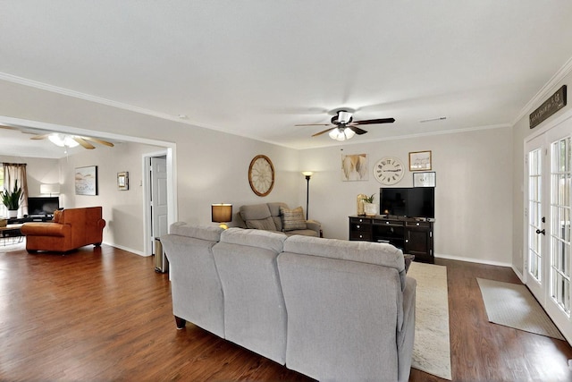 living room with ceiling fan, dark wood-style flooring, ornamental molding, baseboards, and french doors