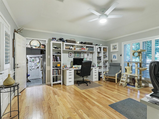 2626 Rivercrest Dr, Arlington, TX 76006 - office space featuring a ceiling fan, wood finished floors, and crown molding