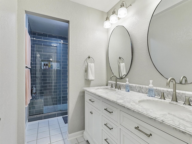 2626 Rivercrest Dr, Arlington, TX 76006 - full bath featuring tile patterned floors, double vanity, and a tile shower