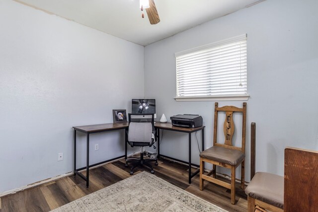 home office featuring wood finished floors and ceiling fan
