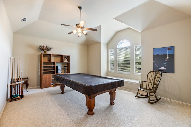 3455 Crosshaven Ln, Frisco, TX 75033 - game room with light carpet, vaulted ceiling, pool table, ceiling fan, and baseboards