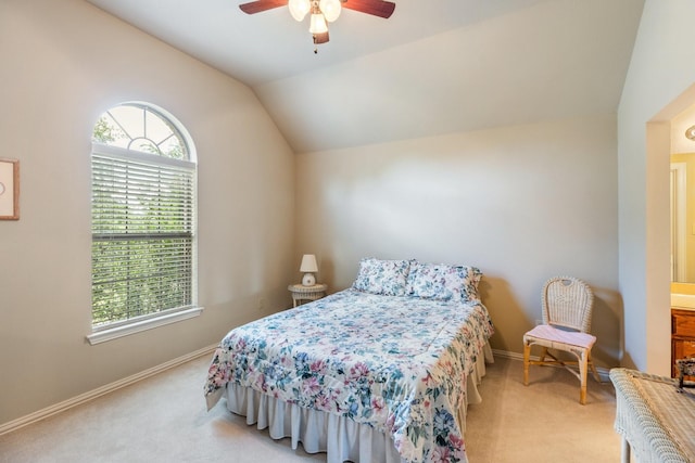 3455 Crosshaven Ln, Frisco, TX 75033 - bedroom featuring light colored carpet, lofted ceiling, baseboards, and a ceiling fan