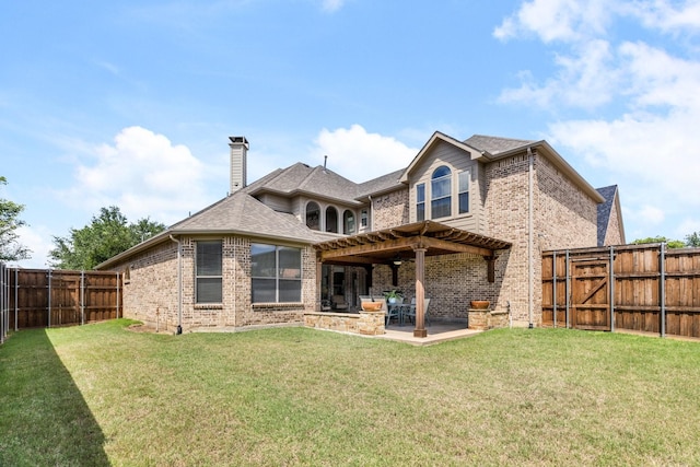 3455 Crosshaven Ln, Frisco, TX 75033 - rear view of house featuring brick siding, a chimney, a patio area, and roof with shingles