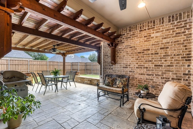 3455 Crosshaven Ln, Frisco, TX 75033 - view of patio with outdoor dining space, a grill, ceiling fan, and a pergola
