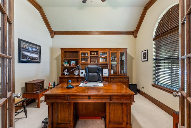 3455 Crosshaven Ln, Frisco, TX 75033 - office featuring ornamental molding, light colored carpet, a ceiling fan, and baseboards