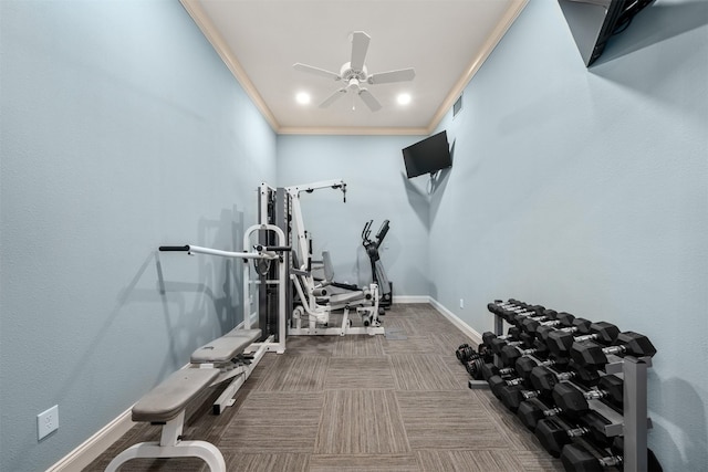 1020 Canyon Trl, Waco, TX 76657 - workout room featuring crown molding, a ceiling fan, and baseboards