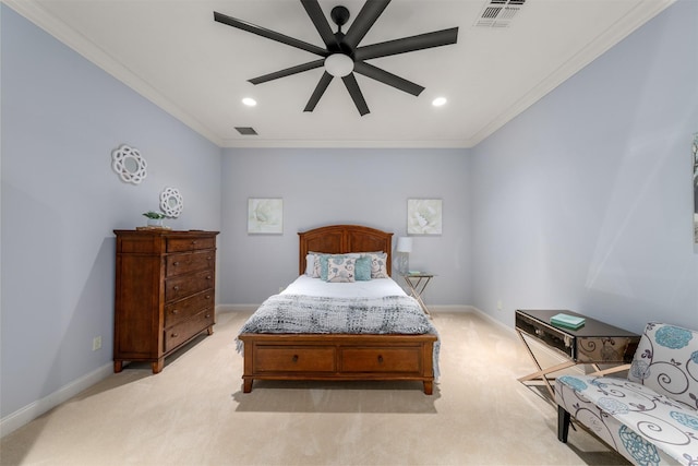 1020 Canyon Trl, Waco, TX 76657 - bedroom featuring light carpet, ornamental molding, baseboards, recessed lighting, and a ceiling fan