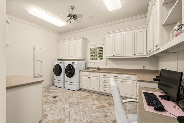 1020 Canyon Trl, Waco, TX 76657 - laundry room featuring cabinet space, crown molding, separate washer and dryer, brick patterned floors, and ceiling fan
