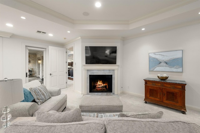 1020 Canyon Trl, Waco, TX 76657 - living area featuring recessed lighting, ornamental molding, light carpet, a premium fireplace, and a raised ceiling