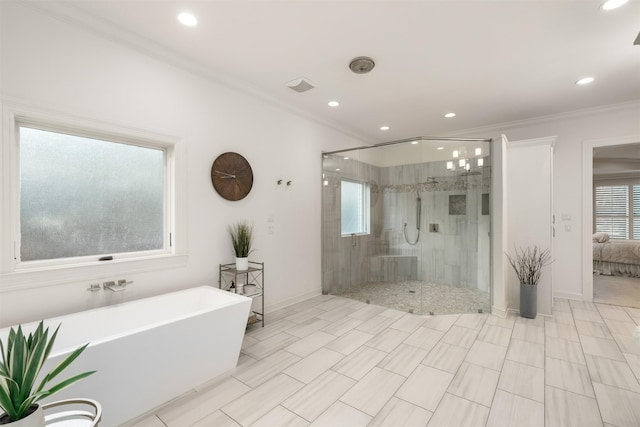 1020 Canyon Trl, Waco, TX 76657 - full bath featuring crown molding, a stall shower, recessed lighting, a freestanding tub, and baseboards