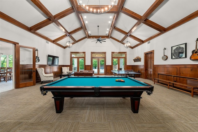 1020 Canyon Trl, Waco, TX 76657 - playroom featuring french doors, carpet floors, a wainscoted wall, beamed ceiling, and billiards table