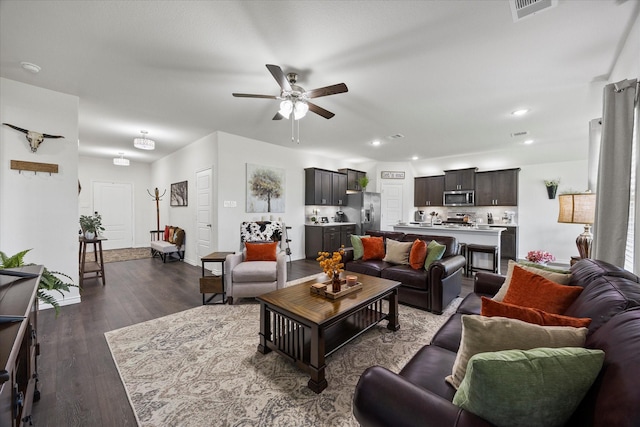 223 Exploration Way, Fate, TX 75189 - living area with a ceiling fan, dark wood-style floors, baseboards, and recessed lighting