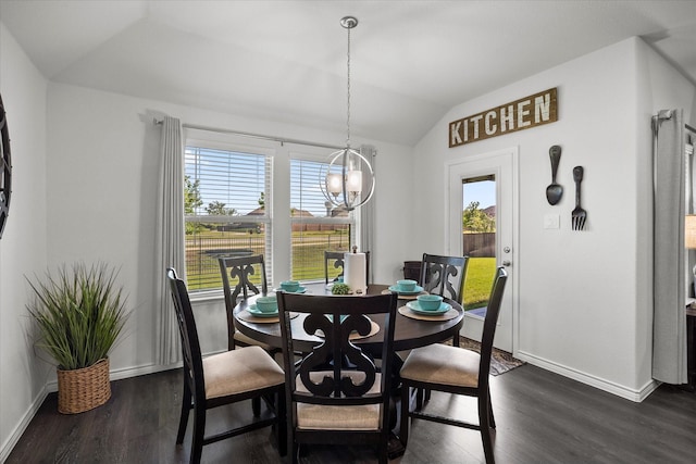 223 Exploration Way, Fate, TX 75189 - dining space featuring vaulted ceiling, a chandelier, baseboards, dark wood finished floors, and plenty of natural light