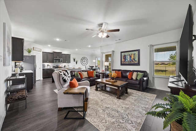 223 Exploration Way, Fate, TX 75189 - living area featuring ceiling fan, healthy amount of natural light, dark wood-style floors, recessed lighting, and baseboards