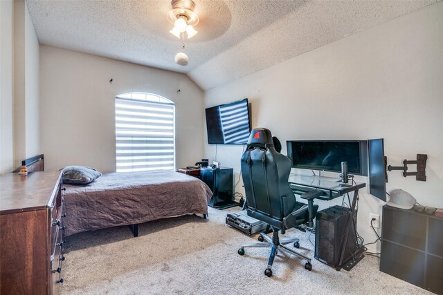 1407 Hickory Bend Dr, Allen, TX 75002 - bedroom featuring carpet floors, a textured ceiling, a desk, vaulted ceiling, and ceiling fan