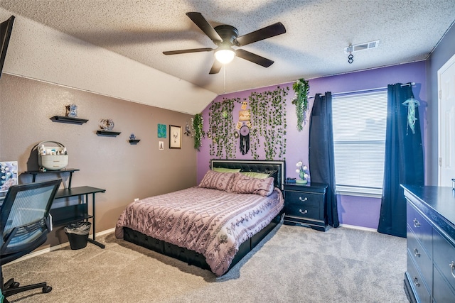 1407 Hickory Bend Dr, Allen, TX 75002 - bedroom featuring light carpet, baseboards, a ceiling fan, a textured ceiling, and lofted ceiling