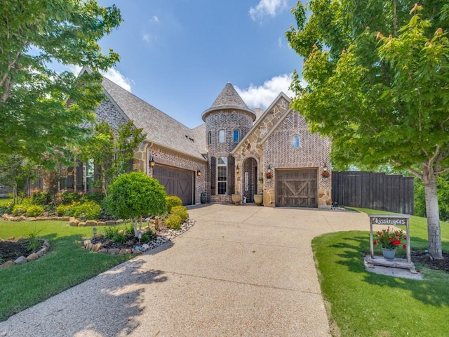 french country home featuring stone siding, brick siding, an attached garage, and concrete driveway