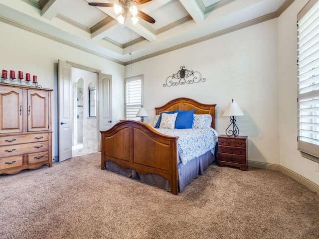 carpeted bedroom with beam ceiling, coffered ceiling, crown molding, ensuite bathroom, and a ceiling fan