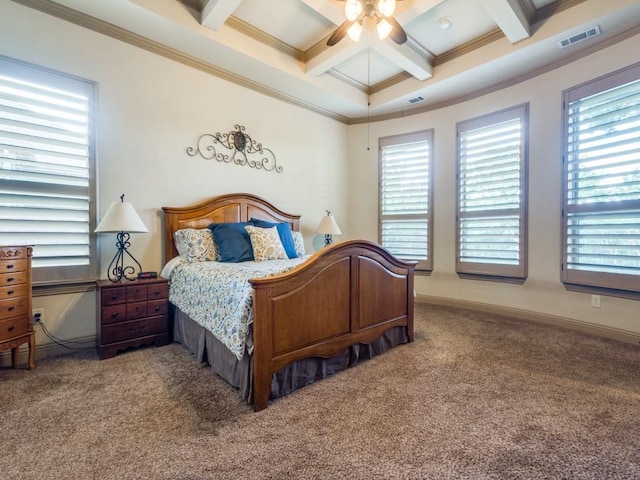 bedroom with crown molding, coffered ceiling, multiple windows, beam ceiling, and carpet floors
