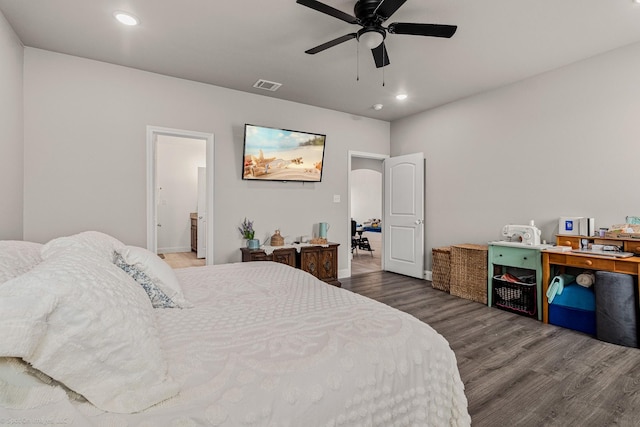 5585 Justine Pl, Fort Worth, TX 76126 - bedroom featuring wood finished floors, recessed lighting, an office area, baseboards, and a ceiling fan