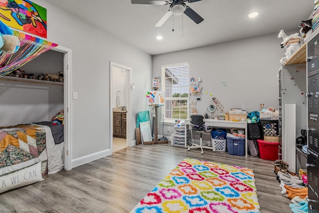 5585 Justine Pl, Fort Worth, TX 76126 - playroom featuring ceiling fan, wood finished floors, recessed lighting, and baseboards