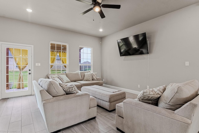 5585 Justine Pl, Fort Worth, TX 76126 - living area with a ceiling fan, recessed lighting, baseboards, and light wood-style floors