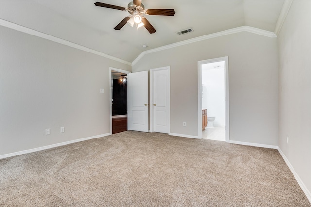 110 Commonwealth Cir, Waxahachie, TX 75165 - unfurnished bedroom featuring lofted ceiling, ornamental molding, carpet floors, ensuite bath, and baseboards