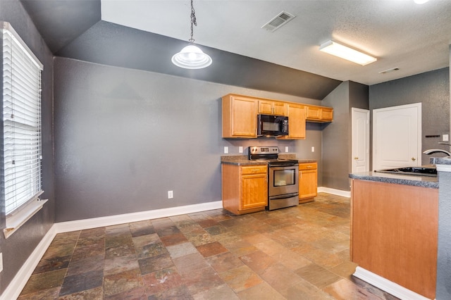 110 Commonwealth Cir, Waxahachie, TX 75165 - kitchen with stainless steel electric range, black microwave, plenty of natural light, lofted ceiling, and baseboards