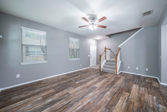 4928 Heather Glen Trl, Mckinney, TX 75070 - unfurnished living room with stairway, ceiling fan, wood finished floors, and baseboards