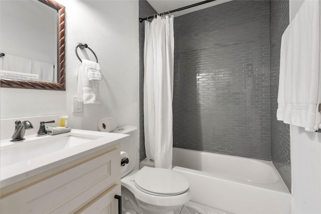 full bathroom with toilet, shower / bathtub combination with curtain, and vanity