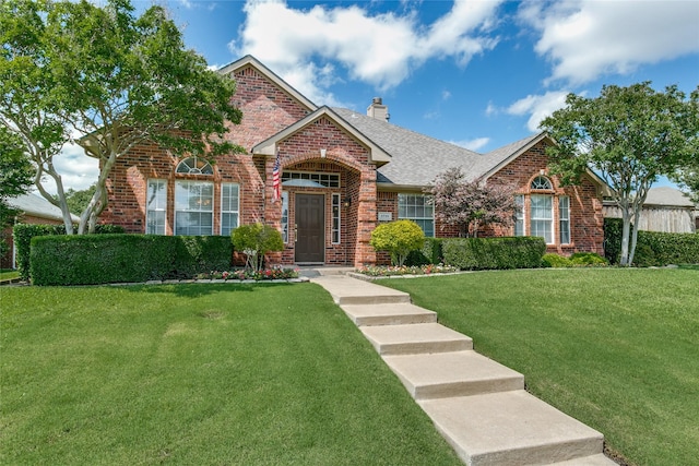 traditional-style house with brick siding, a front lawn, and a chimney