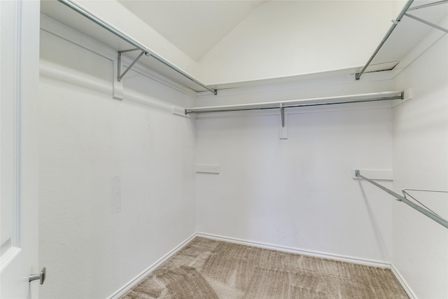 walk in closet featuring carpet and lofted ceiling