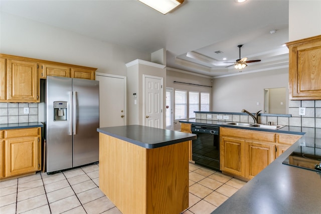 kitchen with black appliances, dark countertops, a sink, light tile patterned flooring, and ornamental molding