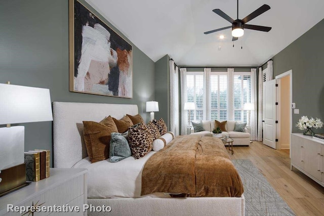 1409 Sire Ct, Aubrey, TX 76227 - bedroom featuring wood finished floors, lofted ceiling, floor to ceiling windows, and ceiling fan