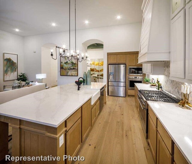 1409 Sire Ct, Aubrey, TX 76227 - kitchen with appliances with stainless steel finishes, a sink, arched walkways, custom range hood, and recessed lighting