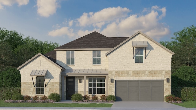 11428 Jackloe St, Fort Worth, TX 76052 - view of front facade featuring a standing seam roof, concrete driveway, an attached garage, and stone siding