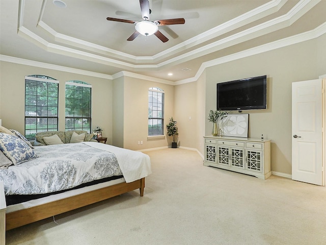 6769 Canal Ct, Grand Prairie, TX 75054 - carpeted bedroom with a tray ceiling, crown molding, baseboards, a ceiling fan, and recessed lighting