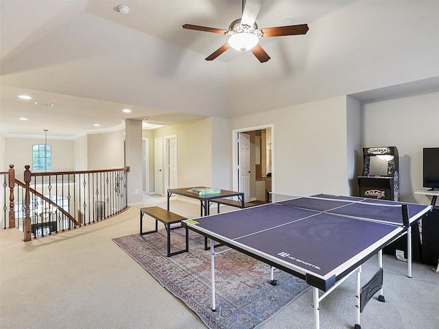 6769 Canal Ct, Grand Prairie, TX 75054 - game room with carpet flooring, ceiling fan, recessed lighting, ornamental molding, and a high ceiling
