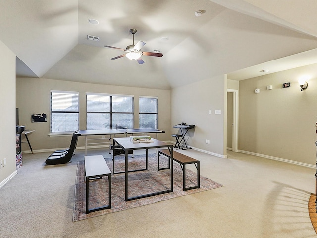 6769 Canal Ct, Grand Prairie, TX 75054 - office area featuring ceiling fan, light colored carpet, baseboards, and lofted ceiling