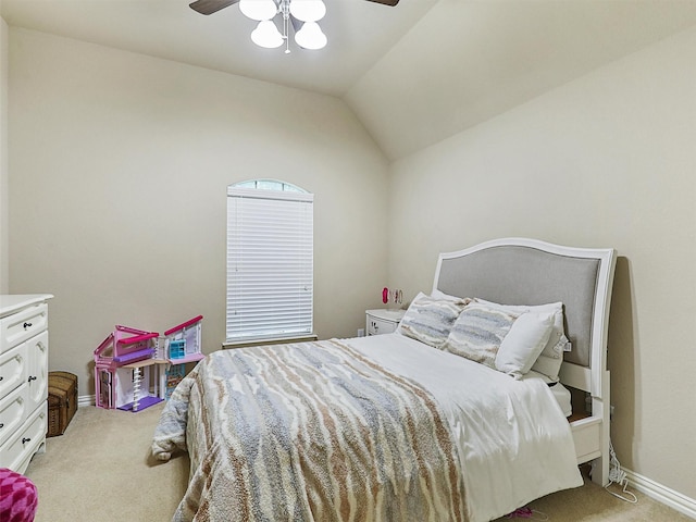 6769 Canal Ct, Grand Prairie, TX 75054 - bedroom featuring light colored carpet, baseboards, a ceiling fan, and lofted ceiling