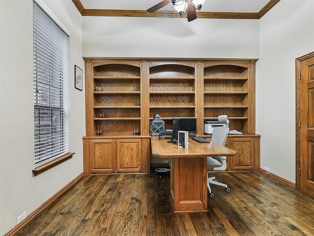 6769 Canal Ct, Grand Prairie, TX 75054 - office area with crown molding, a ceiling fan, dark wood-type flooring, and baseboards