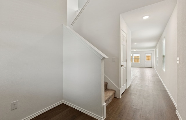 1053 Clear Dusk Ln, Forney, TX 75126 - corridor featuring dark wood-type flooring, stairway, and recessed lighting