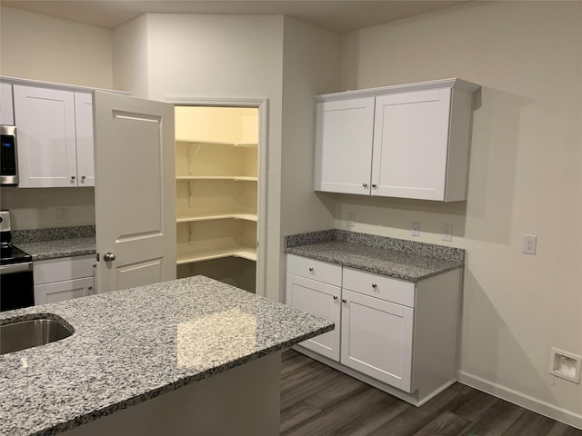 2617 Silver Leaf Ln, Anna, TX 75409 - kitchen featuring dark wood-type flooring, stainless steel appliances, light stone counters, white cabinets, and baseboards