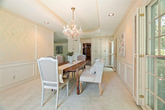214 Country Club Rd, Hillsboro, TX 76645 - dining space featuring a decorative wall, a chandelier, ornamental molding, light carpet, and recessed lighting
