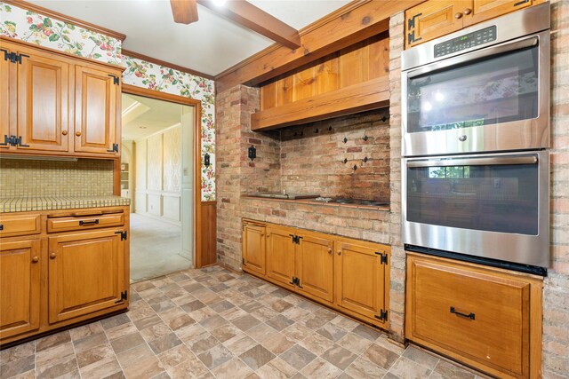 214 Country Club Rd, Hillsboro, TX 76645 - kitchen with stainless steel appliances, light countertops, stone finish floors, open shelves, and decorative backsplash