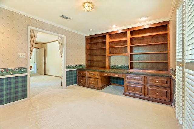 214 Country Club Rd, Hillsboro, TX 76645 - unfurnished office with wallpapered walls, built in desk, crown molding, and light carpet